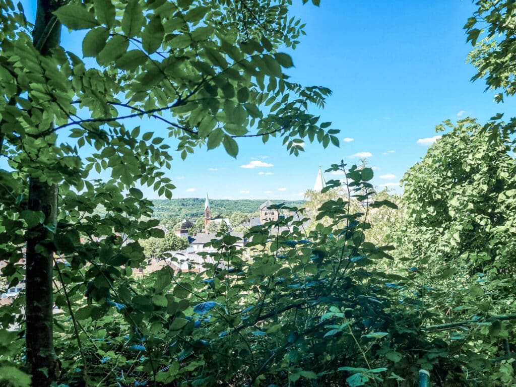 Grüne, belaubte Zweige rahmen einen malerischen Blick auf die darunterliegende Stadt mit Dächern, einem Kirchturm und Hügeln in der Ferne unter einem klaren blauen Himmel mit vereinzelten Wolken ein.