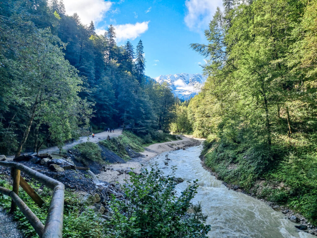 Ein malerischer Blick auf einen gewundenen Fluss, gesäumt von üppigen grünen Bäumen unter blauem Himmel. Ein Pfad verläuft am Fluss entlang, im Vordergrund ein Holzgeländer. In der Ferne sind hinter dem Wald schneebedeckte Berge zu sehen.