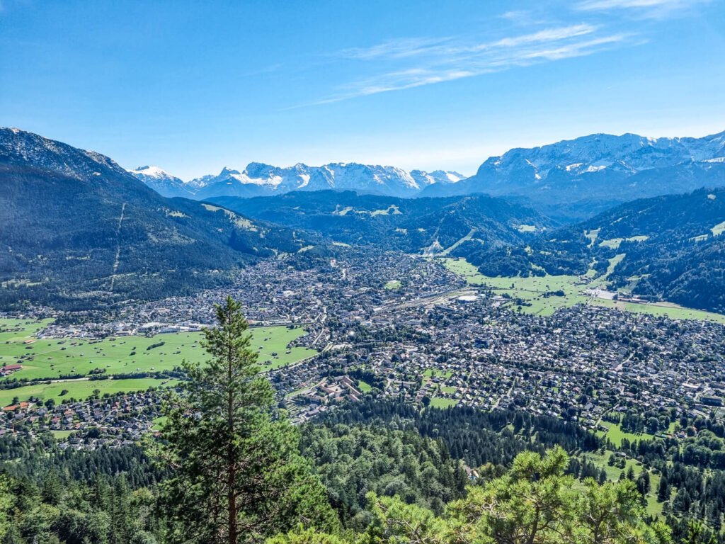 Ein Panoramablick auf eine Stadt in einem üppig grünen Tal, umgeben von bewaldeten Hügeln und fernen schneebedeckten Bergen unter einem klaren blauen Himmel. Im Vordergrund steht ein einsamer Baum.