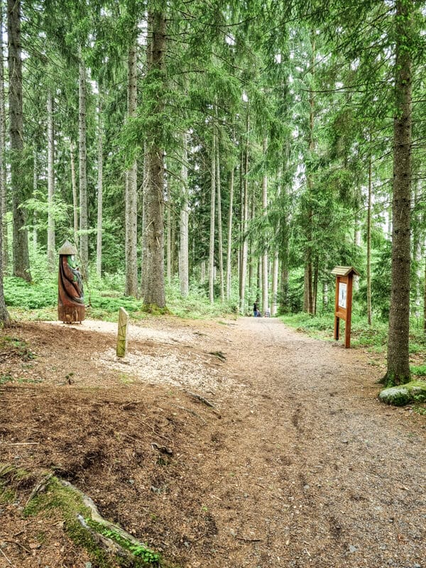 Ein von hohen Bäumen gesäumter Waldweg mit einer Holzstatue links und einer Informationstafel rechts. Der Weg ist mit Erde und Holzspänen bedeckt, in der Ferne sind Menschen zu sehen.