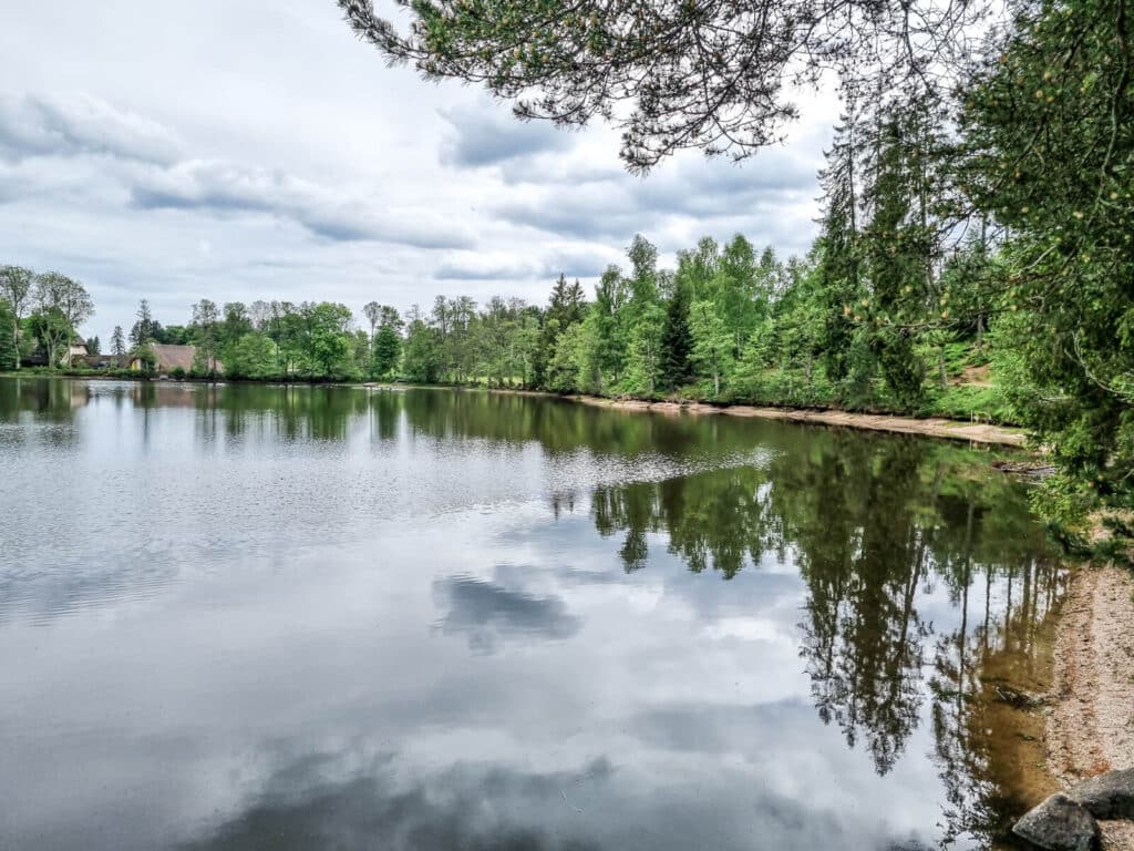 Ein ruhiger See, umgeben von grünen Bäumen, spiegelt den bewölkten Himmel wider. Äste hängen über das Wasser, rechts ist ein kleiner Sandstrand zu sehen. Links ist in der Ferne ein Haus zu sehen.