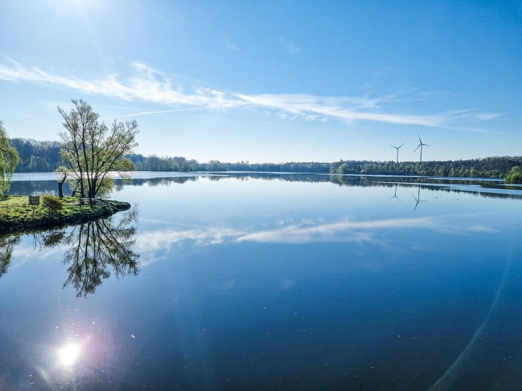 Blick auf einen glatten See umgeben von Windrädern und Bäumen, die sich im See spiegeln
