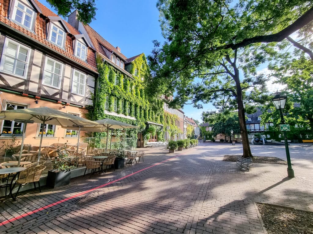 Ein kopfsteingepflasterter Platz mit schattigen Sitzgelegenheiten im Freien, Baumkronen und efeubewachsenen Backsteingebäuden an einem sonnigen Tag.