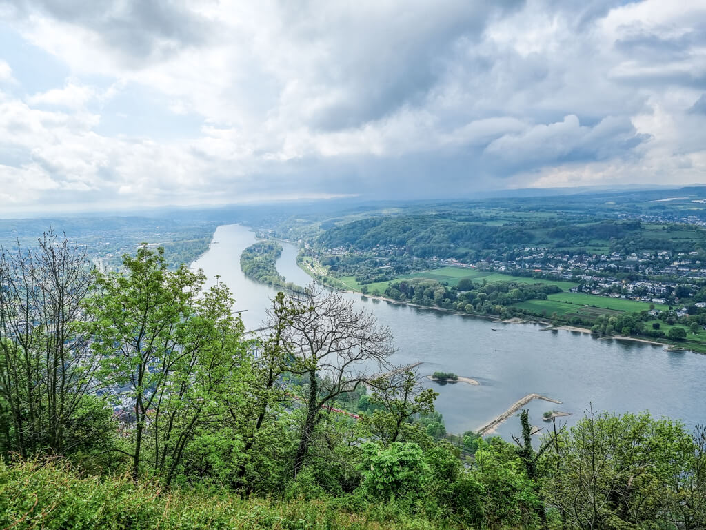 Blick über den Rhein von oben mit einer grünen Insel in der Mitte. Zu beiden Seiten des Rheins grüne Wiesen und kleine Orte mit Häusern