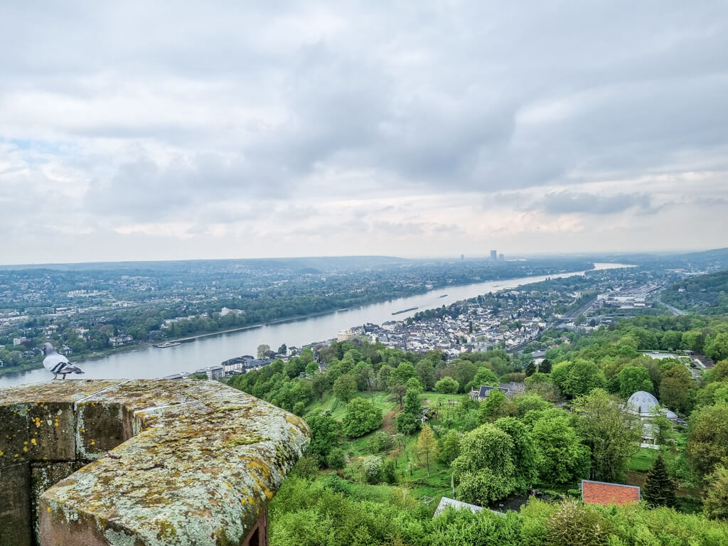 Ausblick über den Rhein mit einigen Schiffen und den Städten Königswinter und Bonn zu beiden Seiten des Rheins