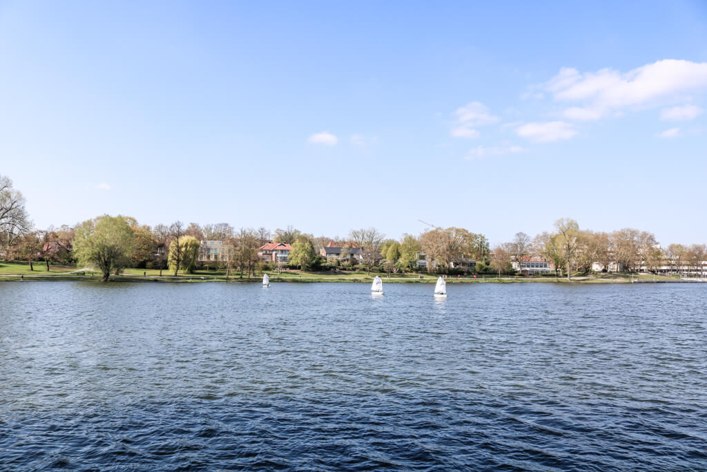 Aasee in Münster mit Segelbooten und Wiesen im Hintergrund