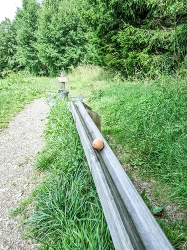 Holzkugelbahn mit rollender Holzkugel an einem Waldweg