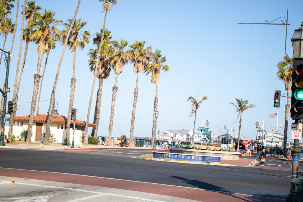 Stearns Wharf - Kreisverkehr mit einer Delfin-Statue in der Mitte