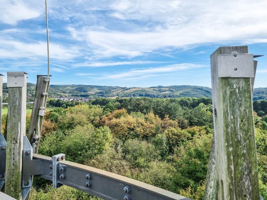 Blick von einem hölzernen Aussichtsturm auf einen üppigen, grünen Wald mit sanften Hügeln und einem blauen Himmel mit Wolkenfetzen im Hintergrund. Im Vordergrund sind Teile der Holzpfosten und des Metallgeländers des Turms zu sehen.