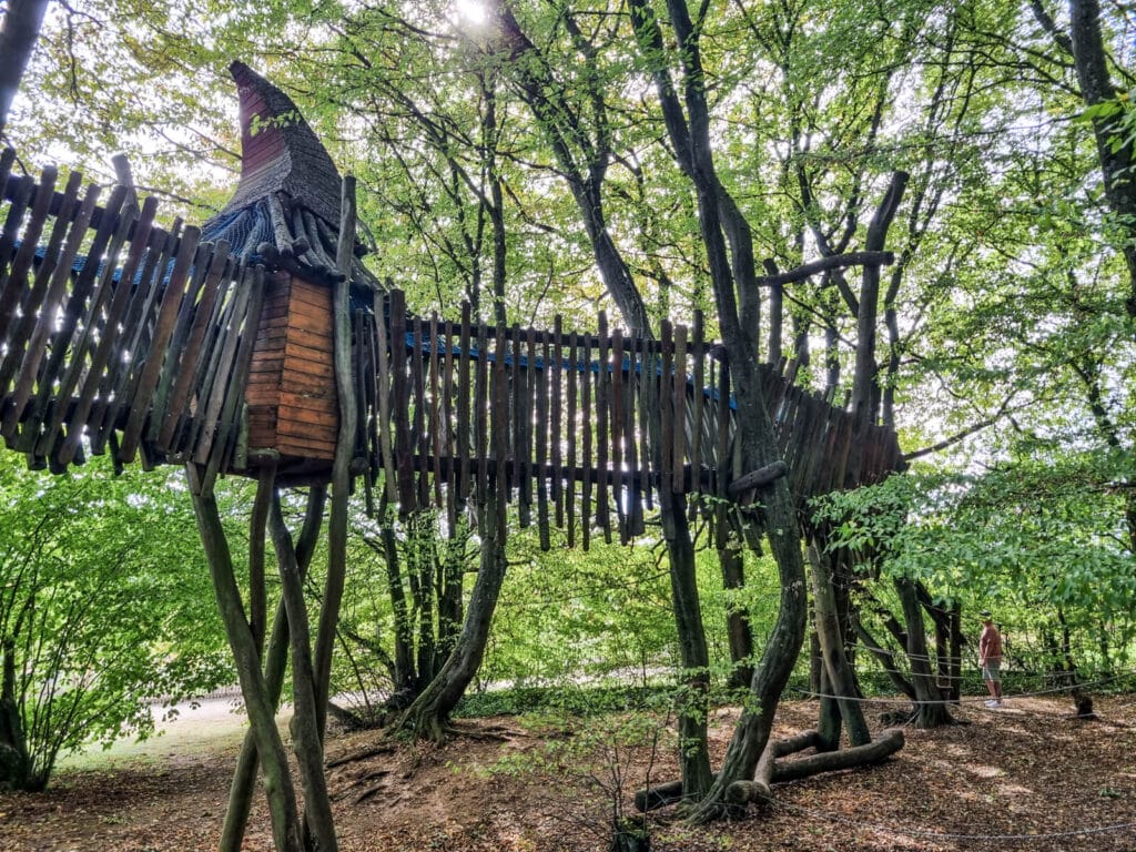 Ein hölzernes Baumhaus mit hohen Stelzen und einem spitzen Dach ist inmitten grüner Bäume gebaut, die durch einen langen Weg verbunden sind. Das Sonnenlicht dringt durch die Blätter, und eine Person geht auf einem unbefestigten Weg darunter.