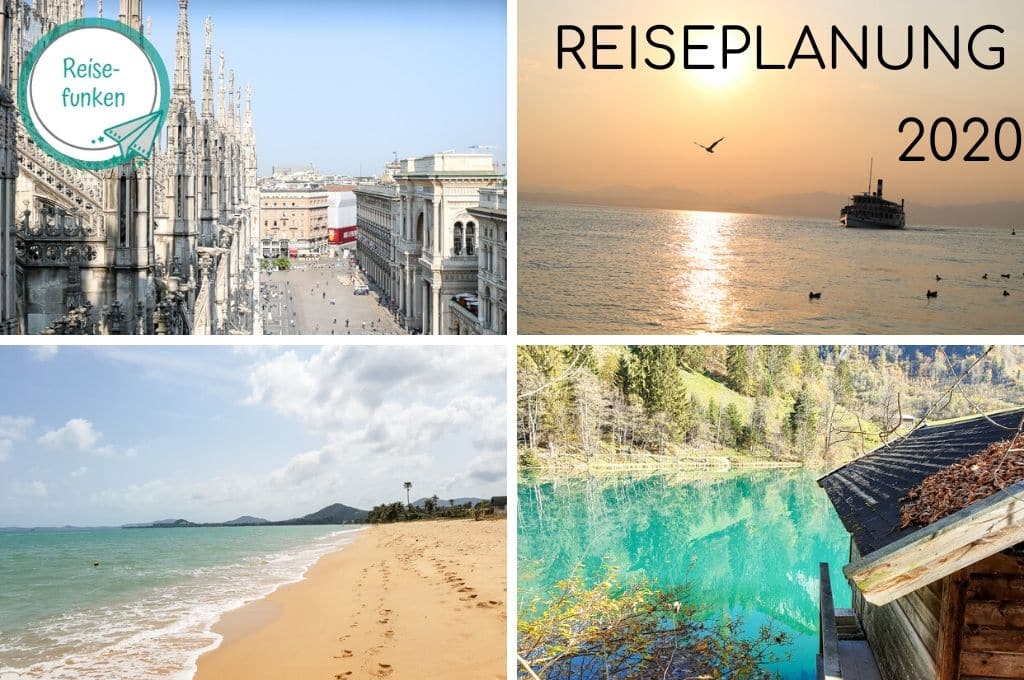 Collage aus vier Bildern mit unterschiedlichen Reisezielen