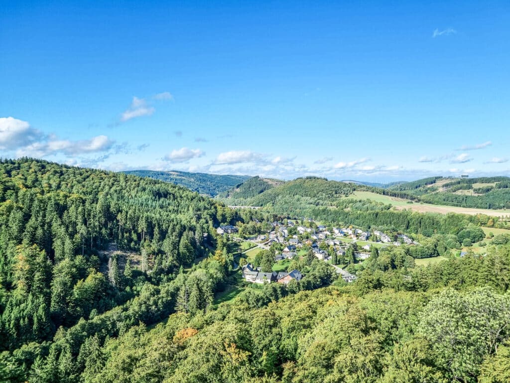 Ein kleines Dorf, umgeben von dichten grünen Wäldern und sanften Hügeln unter einem strahlend blauen Himmel mit vereinzelten Wolken.